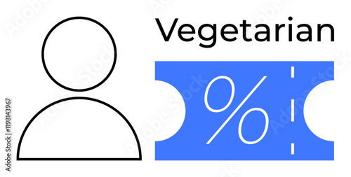 Human outline next to blue discount voucher symbol with percentage. Ideal for marketing campaigns, health promotions, eco-friendly initiatives, loyalty programs, consumer incentives, dietary