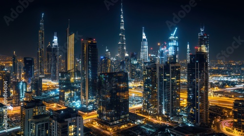 Dubai Skyline Night Photography: A Stunning Aerial View of Illuminated Skyscrapers