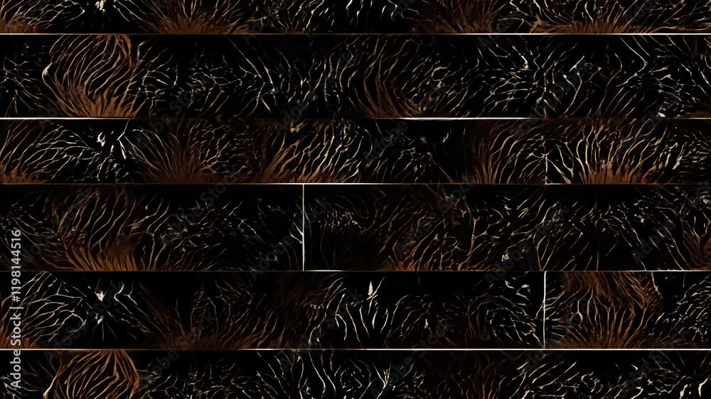 Tracking video, low key lighting, the camera tracks a seamless vector pattern featuring stylized animal prints in black and dark brown, subtle textures move within the prints