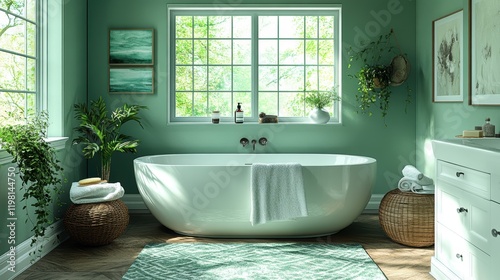 A beautifully designed modern bathroom with an elegant freestanding bathtub is bathed in natural light, surrounded by lush green plants and stylish decor.