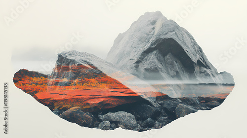 Captivating double exposure photography of red terrazzo riverstone blending with natural landscapes for unique artistic expressions. Riverstone. Illustration