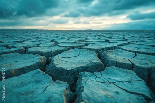 Arid landscape of cracked earth under a dramatic sky, depicting drought and desertification. photo