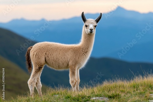 Baby llama stands on a grassy hillside, looking out over the mountains photo
