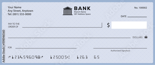 Bank check, vector blank money cheque, checkbook template with guilloche pattern and fields. Currency payment coupon, money check background