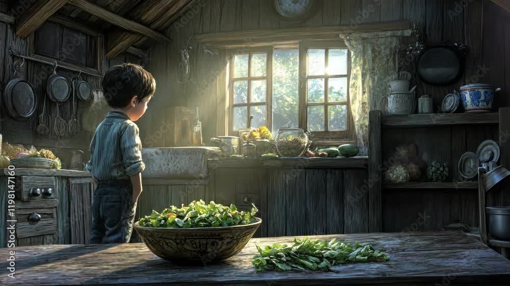 Child observes sunlight streaming through window in rustic kitchen filled with fresh vegetables and herbs Child observes sunlight streaming through window in rustic kitchen filled with fresh vegetables and herbs