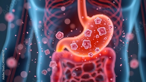 Stomach cancer. Cancer attacking cell. Stomach disease concept. 3d illustration