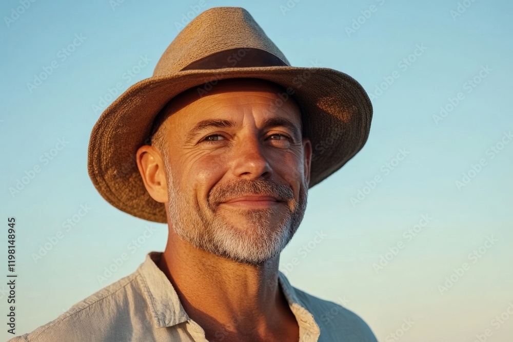 Smiling man wearing a straw hat against a clear sky during golden hour at a beach location Smiling man wearing a straw hat against a clear sky during golden hour at a beach location