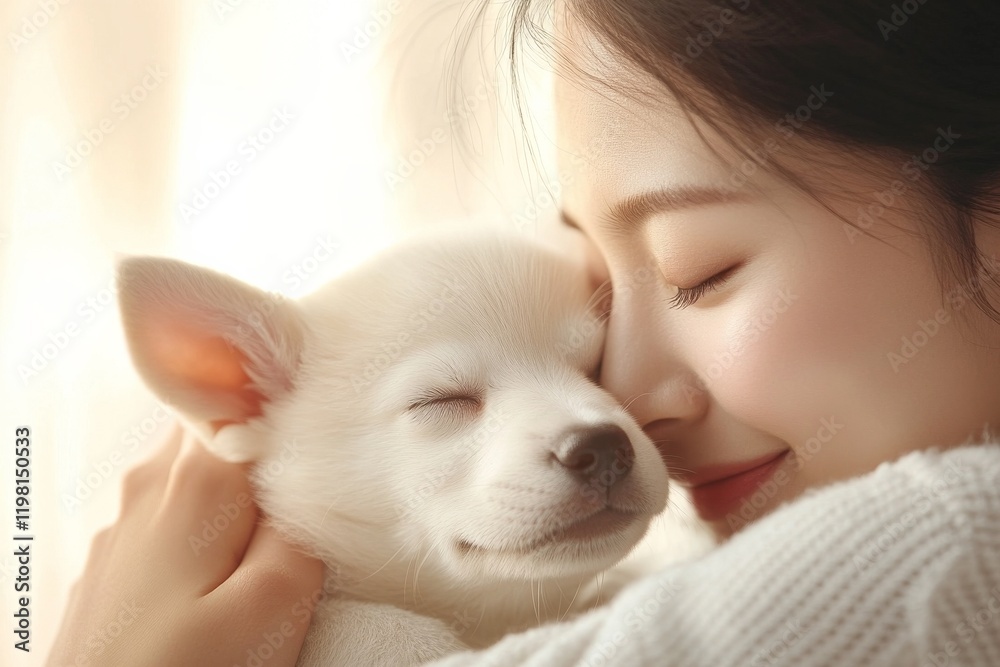 Young woman shares a joyful moment with her white puppy in a cozy, softly lit room during the afternoon Young woman shares a joyful moment with her white puppy in a cozy, softly lit room during the afternoon