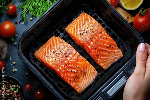 Preparing two raw salmon slices in an air fryer in the kitchen Keto meal Bird s eye view