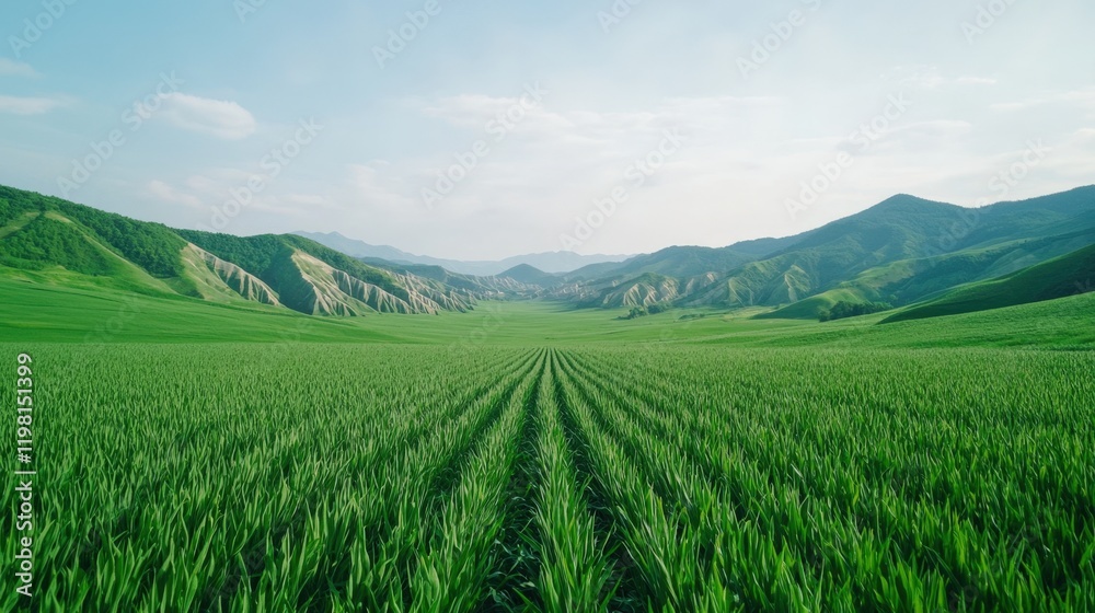Naklejka premium Valley meadow and expansive, A vast green field stretches towards distant mountains under a clear sky, showcasing the beauty of nature's landscape.