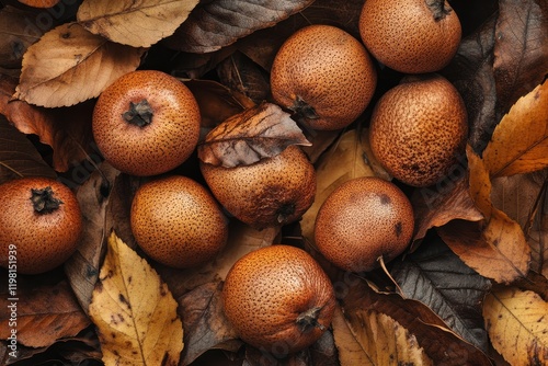 Rough brown fruits among foliage on a garden tree Medlar Mespilus germanica Crataegus photo