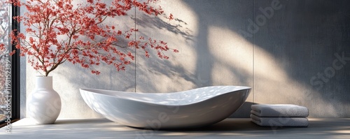 An Aesthetically Pleasing Bathroom with a Contemporary White Bathtub and Vibrant Red Maple Tree Accent in a Modern Interior Setting with Soft Light