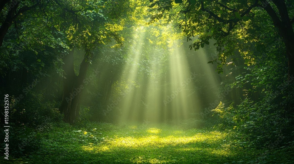 Fototapeta premium Sunbeams illuminating a lush green forest, creating a magical and peaceful atmosphere