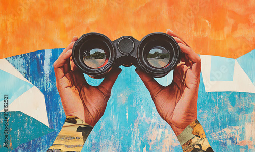 Hands holding binoculars against a vibrant abstract background, exploring nature and possibilities