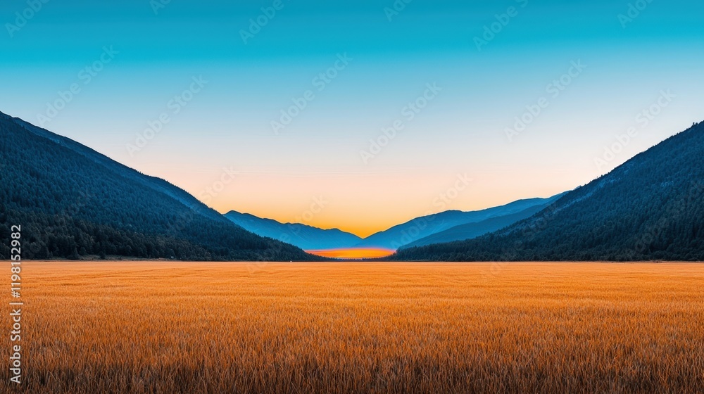 Fototapeta premium Valley meadow and expansive, A serene landscape featuring golden fields between two mountains under a clear blue sky at sunset.