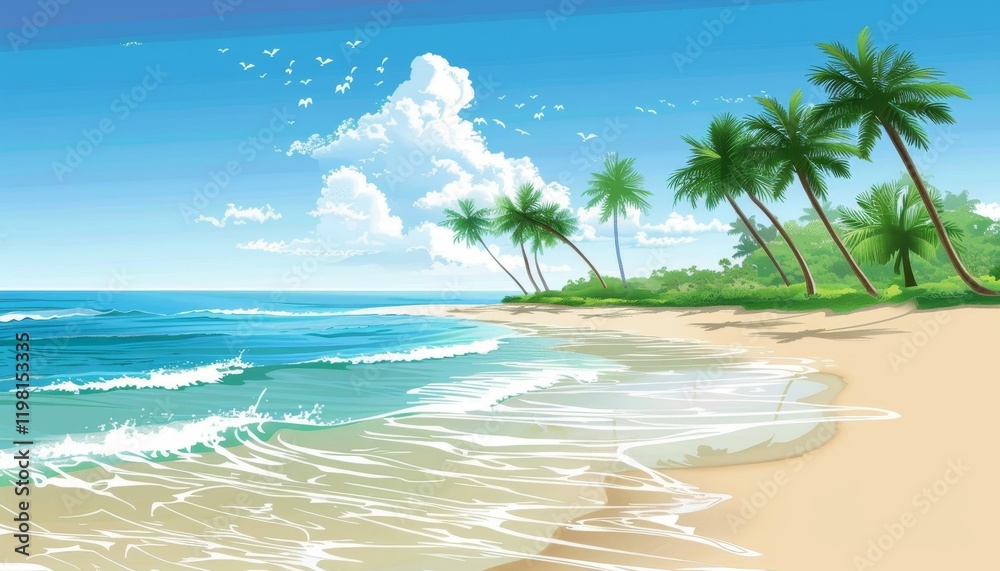 Fototapeta premium A beautiful beach with palm trees and white sand, blue ocean, and a bright blue sky with white clouds.