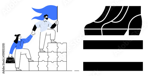 Colleagues holding hands, ascending puzzle stairs as a team. One carries a flag symbolizing leadership and victory. Ideal for teamwork, leadership, collaboration, support, guidance, success