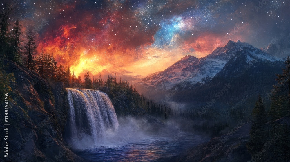 Fototapeta premium Fiery sunset, waterfall, and snowy mountains under a starry sky.