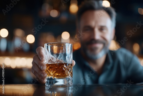 A cheerful man at a bar proudly displays his whiskey drink, radiating warmth and a sense of enjoyment in a friendly, inviting ambiance filled with laughter. photo