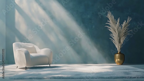 minimalist interior, sleek black chair, round blue rug, potted plant, dramatic lighting, white stairs, dark wall, modern design, high contrast, shadows and highlights