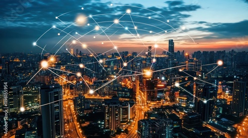 Wallpaper Mural Global Network Cityscape at Dusk: A Stunning Aerial View of Interconnected Urban Development Torontodigital.ca