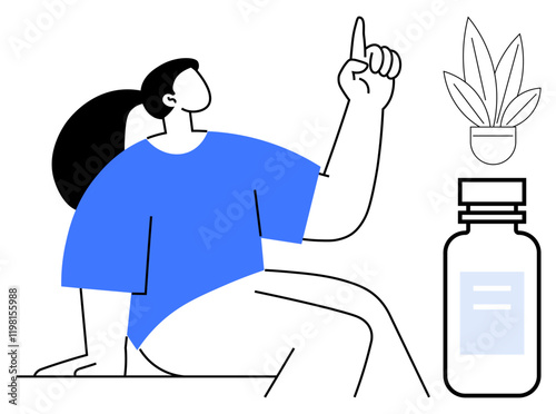 Person gesturing upward, sitting next to a potted plant and a bottle. Ideal for wellness, growth, health, ideas, mindfulness, aspiration motivation. Modern minimal art style with abstract line flat