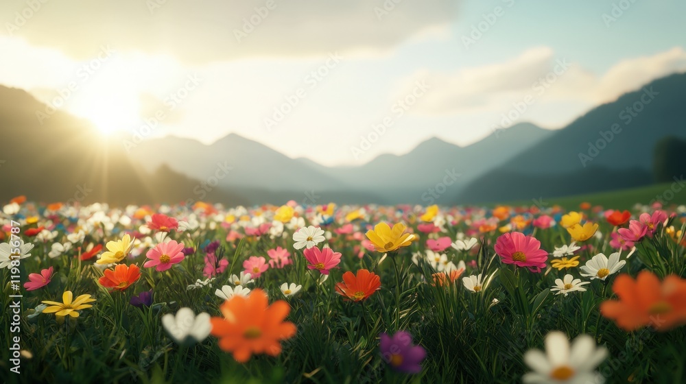 Fototapeta premium Valley meadow and expansive, A vibrant field of colorful flowers under a bright sun, with majestic mountains in the background, creating a serene and picturesque landscape.