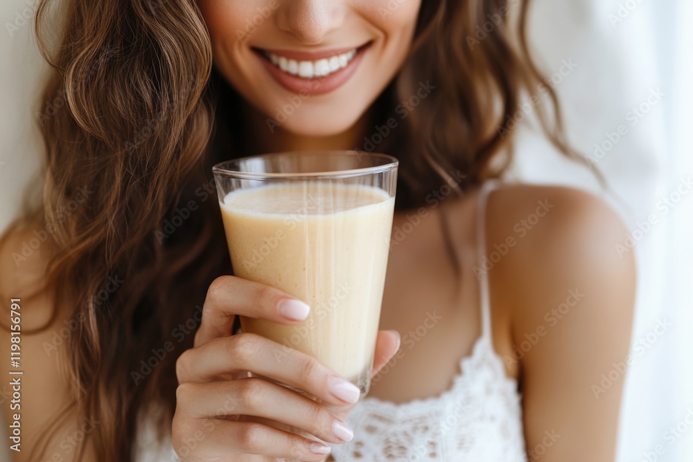 A woman with long brown hair smiles while holding a glass of creamy, pale yellow smoothie. A woman with long brown hair smiles while holding a glass of creamy, pale yellow smoothie.