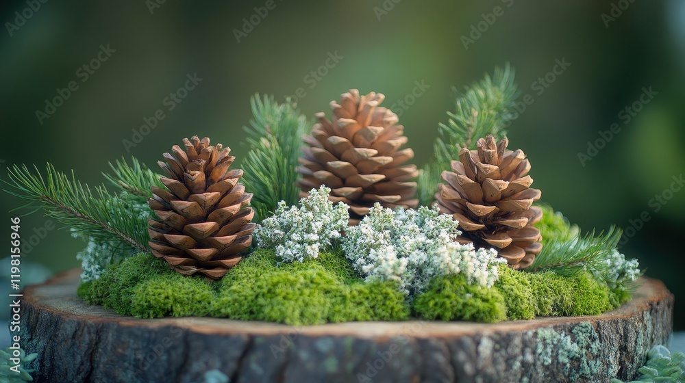 Pine cones, moss, and greenery on wood slice. Perfect for rustic, nature, or winter themed designs. Pine cones, moss, and greenery on wood slice. Perfect for rustic, nature, or winter themed designs.