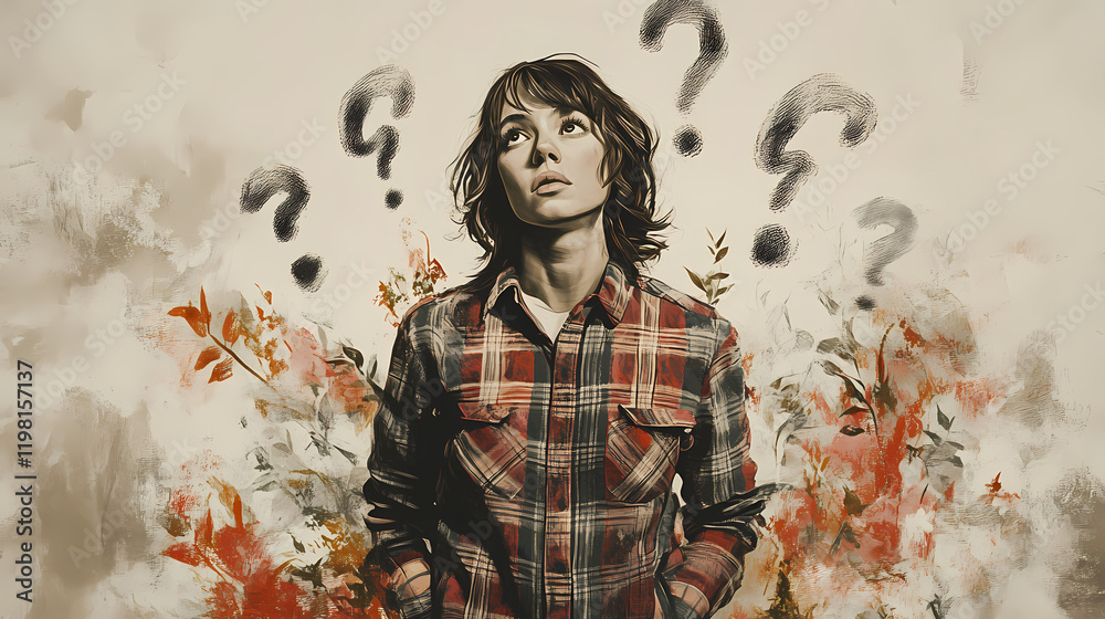 Obraz premium Confused woman in plaid shirt surrounded by question marks on grey background. Firebloom. Illustration