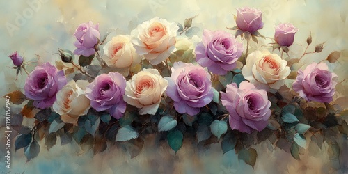 Watercolor Bouquet of Purple and White Roses with Green Leaves for Wedding Stationery Decor