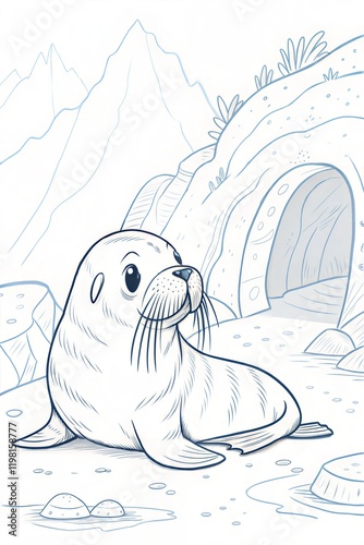 A cute walrus with big, floppy ears, sitting near a cave entrance, outlined in black, drawn as an outline sketch, only black lines, no colors, simple and clean for a children's coloring book.A cute wa photo