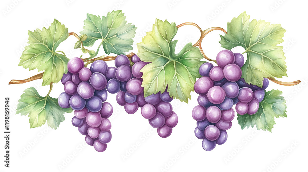 Fototapeta premium watercolor illustration of purple grape with leaves isolated on white background