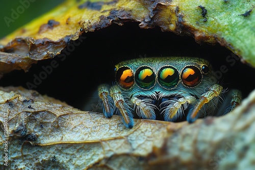 A vivid jumping spider with striking blue, green, and orange colors, peers out from its hidden den in a leaf, showcasing the intricate details of its captivating features. photo