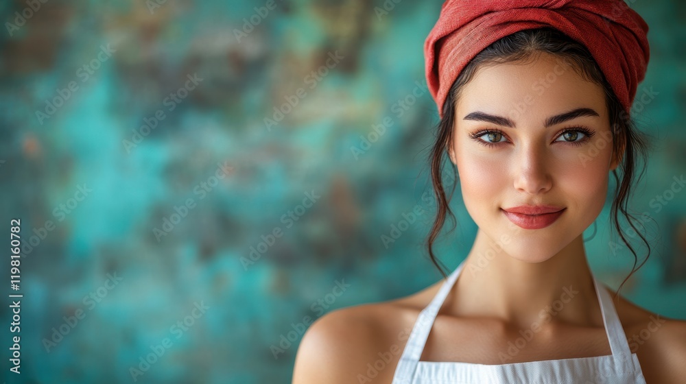 Portrait of a Smiling Young Woman with a Red Headscarf and White Apron Against a Turquoise Textured Background Exhibiting Radiant Beauty and Warmth Portrait of a Smiling Young Woman with a Red Headscarf and White Apron Against a Turquoise Textured Background Exhibiting Radiant Beauty and Warmth