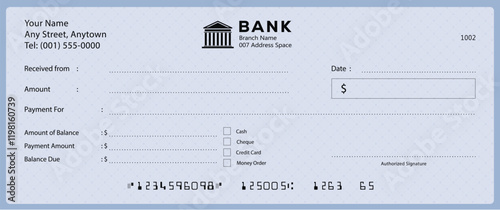 Bank check, vector blank money cheque, checkbook template with guilloche pattern and fields. Currency payment coupon, money check background