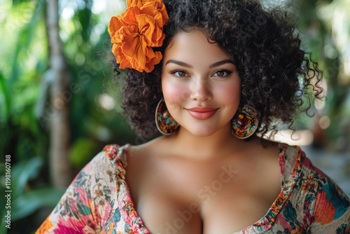 Plus Size Latina Woman With Floral Top