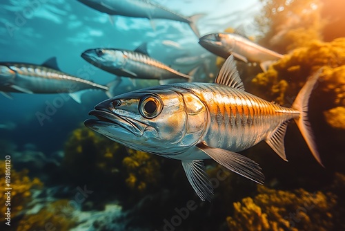 A single fish swims towards the camera with a school of its brethren in the background, all silhouetted against a vibrant coral reef with the sun shining down photo