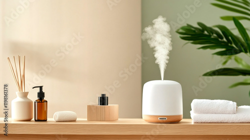 A serene arrangement featuring an essential oil diffuser, aromatic bottles, and soft towels, creating a calming atmosphere for relaxation and wellness.