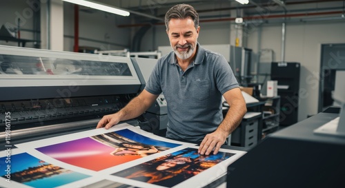 A print specialist works with a large format printing press to create vibrant images for commercial use