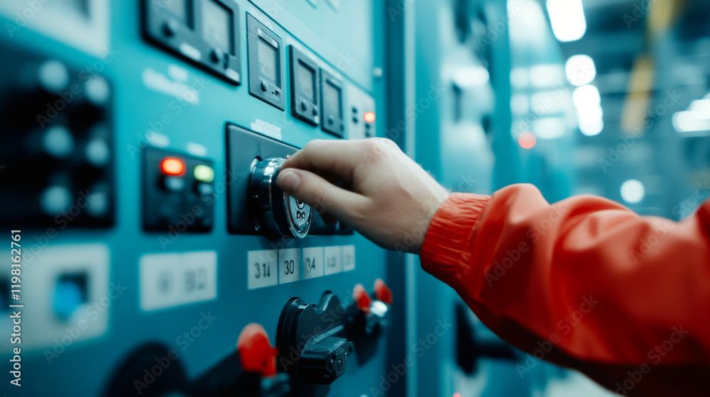 A person in an orange jacket adjusts a control panel in an industrial setting, surrounded by various buttons and switches. A person in an orange jacket adjusts a control panel in an industrial setting, surrounded by various buttons and switches.