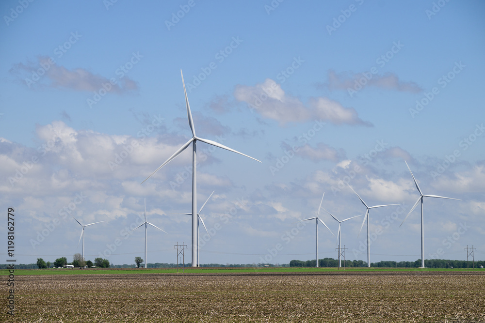 Giant white wind turbines in green field with white clouds and blue sky Giant white wind turbines in green field with white clouds and blue sky