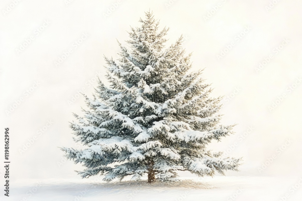 A majestic evergreen tree, covered in a thick blanket of pristine snow, stands tall against a bright white background. A majestic evergreen tree, covered in a thick blanket of pristine snow, stands tall against a bright white background.