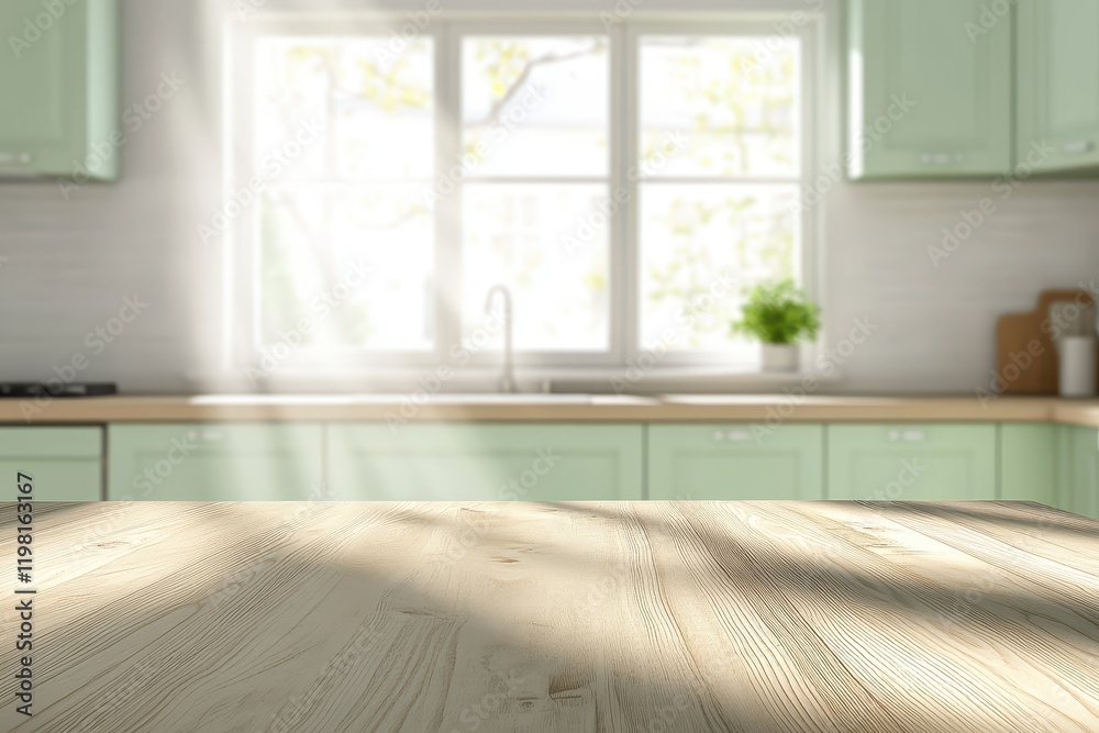 A green wooden table sits in front of a blurred white kitchen illuminated by golden sunlight A green wooden table sits in front of a blurred white kitchen illuminated by golden sunlight