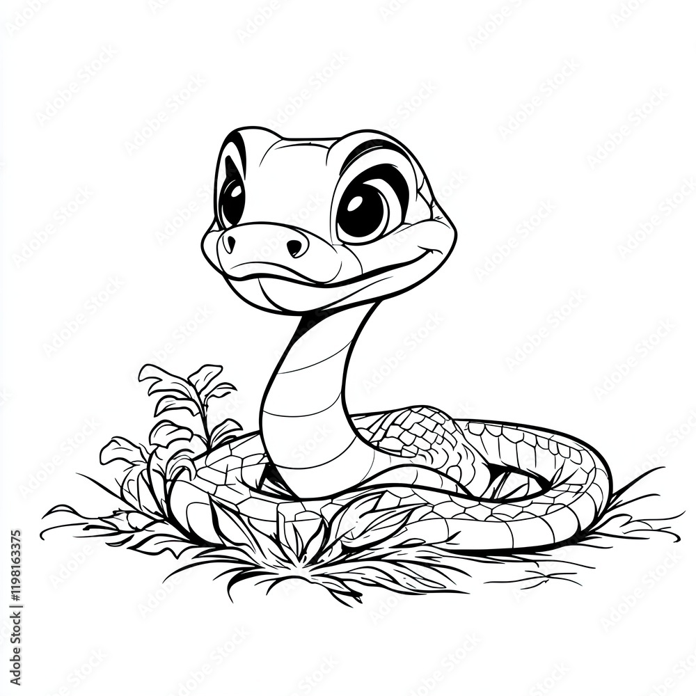 Fototapeta premium Adorable Baby Snake Cartoon Illustration: Cute Reptile in Nature Habitat, Black and White Line Art