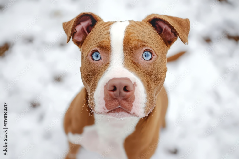 A short haired brown and white mixed breed dog gazes at the camera in a snowy winter park A short haired brown and white mixed breed dog gazes at the camera in a snowy winter park