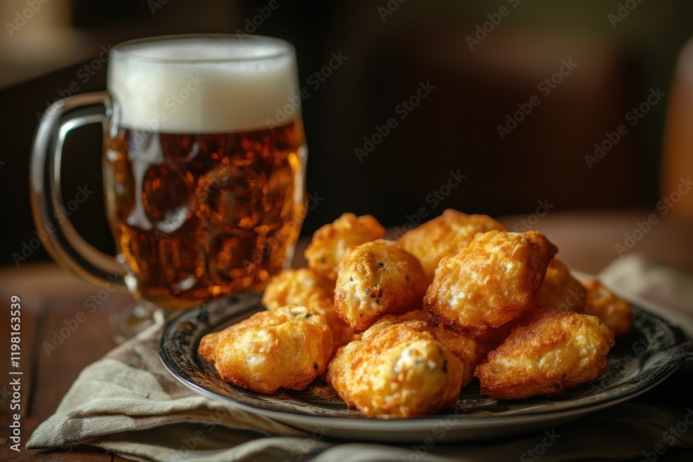 A serving of poppers alongside a beer mug A serving of poppers alongside a beer mug