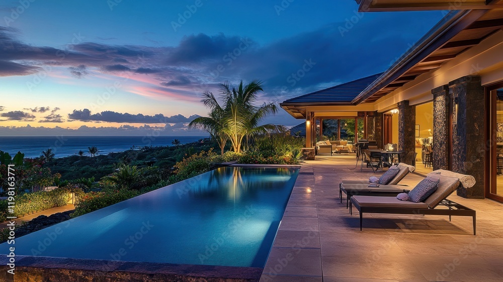 Fototapeta premium Luxury Oceanfront Villa with Infinity Pool at Sunset