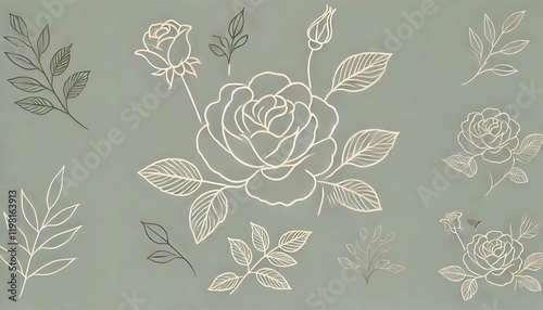sage green backdrop with minimalist rose outlines in muted cream tones for fresh, elegant design.