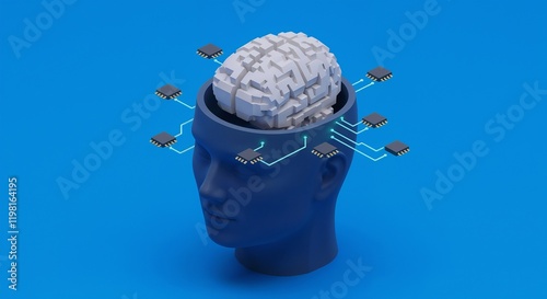 Representation of a human brain integrated with neural chip technology, signifying the fusion of human cognition and artificial intelligence on a blue background.

